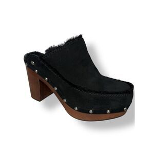 UGG Aubriana Women’s 8 Heeled Clog Black Suede Sheepskin Lined Studded